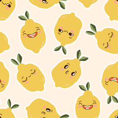 Cute kawaii lemons fruits character seamless pattern. Cozy childish background texture tor textile