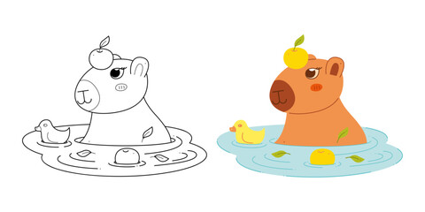 Two cute capybaras with tangerines and a duck in the water. Clip art for your projects.