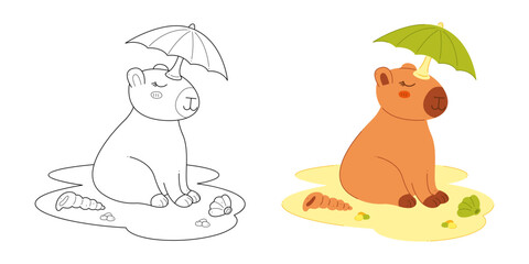 Two cute capybaras with an umbrella on his head sits on the beach. Clip art for your projects.