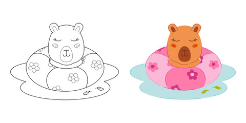Two cute capybaras with a swimming ring in the water. Clip art for your projects.