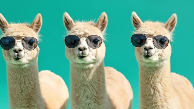 Triple Threat: Cool Llamas with Sunglasses on Teal Background