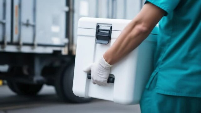 A medical professional in blue scrubs carries a white container for organ transport in front of a truck, emphasizing the urgency and importance of donation