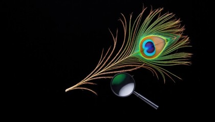 Colorful peacock feather with magnifying glass on a black background showcasing intricate details and vibrant hues