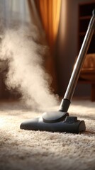 Closeup of a steam vacuum cleaner in action steam billowing as it deep cleans an intimate carpet ensuring a pristine and allergenfree home environment.