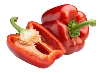 Fresh red bell pepper whole and sliced healthy vegetable close-up on white background image