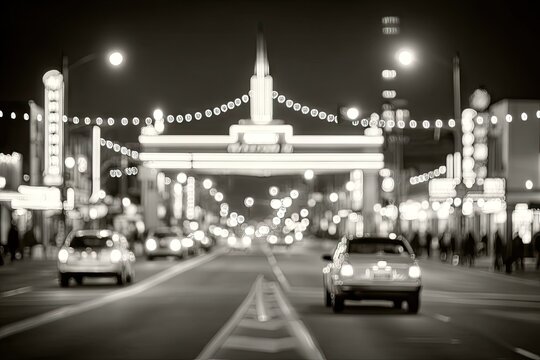 Fototapeta Blurred night street scene, illuminated by glowing signs and lights