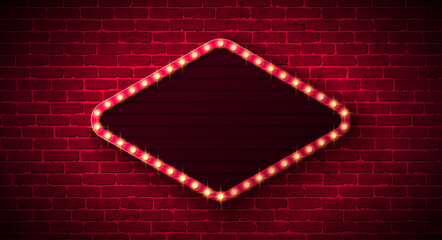 Retro Signboard Lightbox Banner Design with Glowing Light Bulb Frame Billboard on Vintage Brick Wall Background. Vector Customizable Marquee Sign Illustration for Casino Advertising, Theater Show