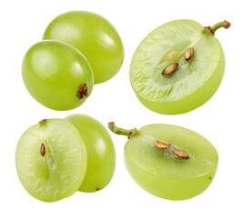 Fresh green grapes and seed closeup on white background for healthy diet and culinary purposes