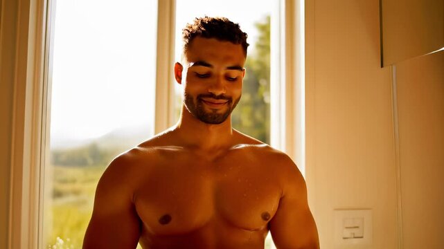 Handsome athletic man smiling and looking down in sunlight