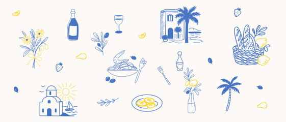 Sketch Vintage Amalfi Style Element. Mediterranean life Atmosphere Food Drink Symbol. Hand Drawn Travel Card, Wedding Invitation, Poster Print Design, Postcard Surface. Outline Line Stroke Icon Art.