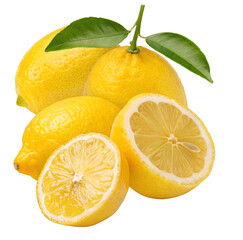 Fresh lemons with green leaves isolated on white background citrus fruit vitamin c nutrition