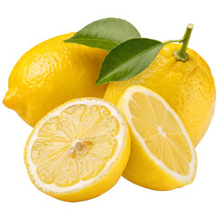 Fresh lemons with green leaves and sliced pieces perfect for recipes and healthy lifestyle
