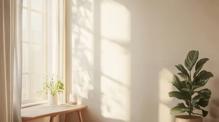 Minimalist interior with green plant in white pot on window ledge during daylight