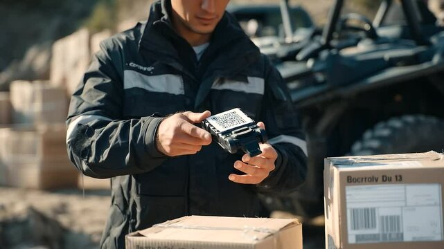 Close-up of barcode scanning as volunteers process deliveries of brand-new drone units, background filled with flight cases, labels reading 'Surveillance Unit B' and 'Cargo Drone 