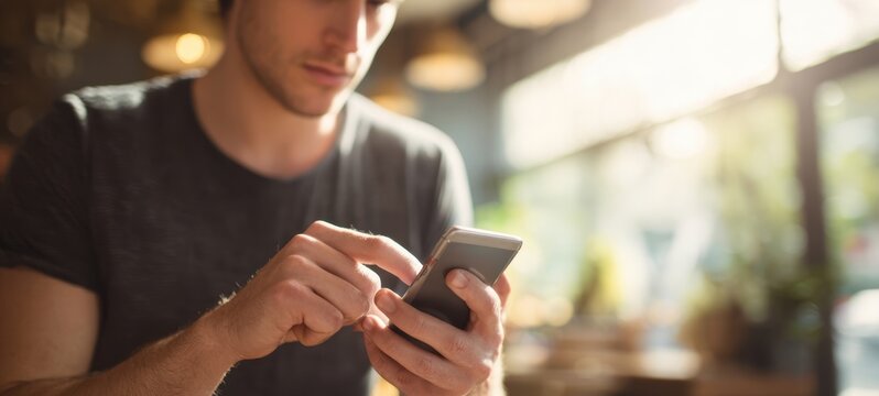 The young man using a smartphone in a cozy cafe setting.