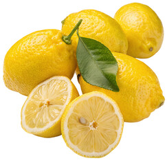 Fresh ripe lemons with green leaf and juicy slices on black background for citrus lovers