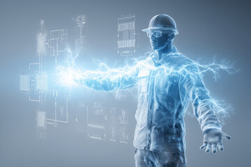 Engineer interacting with holographic power flow simulation, surrounded by floating voltage vectors 