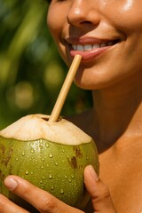 Smiling Woman Drinking Fresh Coconut, Tropical Refreshment