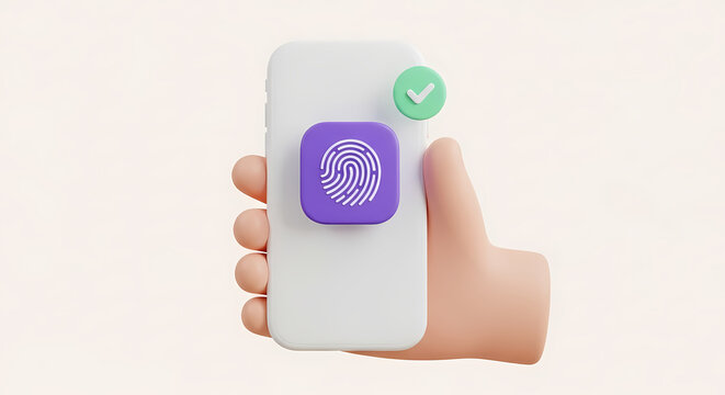3D hand holds smartphone with fingerprint scanner, confirming identity with checkmark for secure mobile authentication.