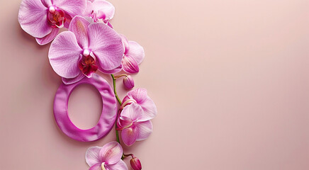 Beautiful natural pink orchids on a pastel beige background, greeting card	