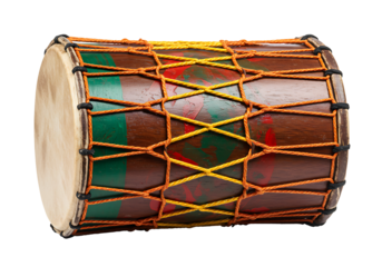 A cylindrical drum with skin heads held by woven cords painted with red green  brown hues set against a stark black backdrop