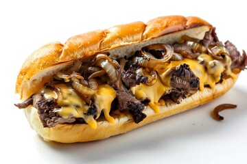 A traditional Philly cheesesteak sandwich on a white background
