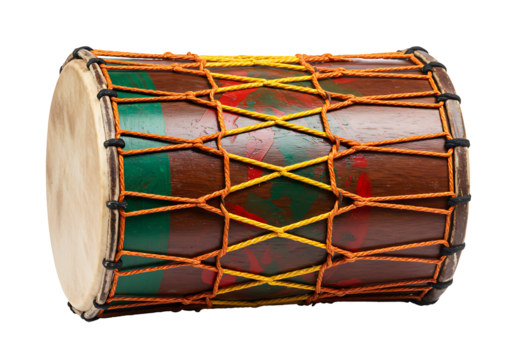A cylindrical drum with skin heads held by woven cords painted with red green brown hues set against a stark black backdrop