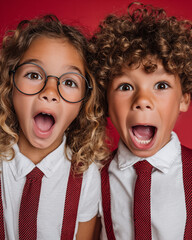 Portrait of a little boy and girl in glasses on a red background