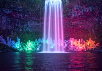 Vibrant waterfall cascading over crystals illuminated by colorful lights