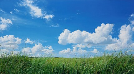 Vast green field under a vibrant blue sky with fluffy white clouds