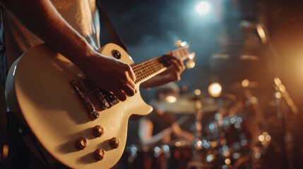 The guitarist performs passionately on stage at a live rock concert.