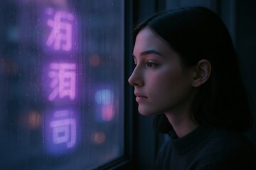 Thoughtful Woman by Neon Window, Urban Night Reflection