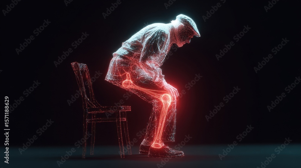 Poster dynamic image of an elderly man attempting to stand up from a chair with augmented reality effects v