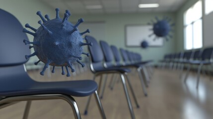 Microscopic airborne particles suspended over empty school chairs in a closed environment