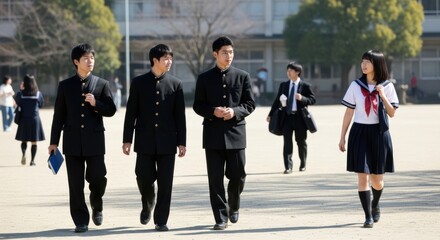 Asian teens in japanese school uniforms walking outdoors