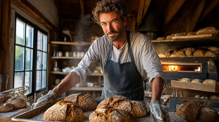 Portrait of a mature male baker working in his bread shop.