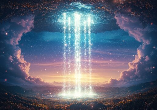 Cosmic portal through clouds, light beams descend