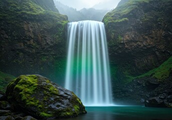 A misty waterfall cascades into a turquoise pool, framed by moss-covered cliffs