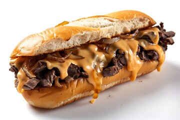 Traditional Philly cheesesteak sandwich on a white background