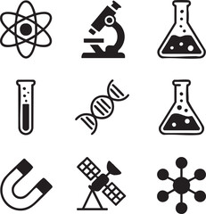 Obraz premium Science and research black icon set featuring lab equipment and scientific elements in vector format