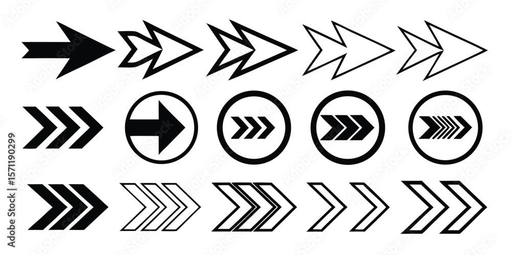 Poster extensive collection of black arrow icons designed for web and application user interfaces including