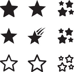 Obraz premium Vector star icon set with different styles and shapes solid stars outline stars shooting star single and group star icons