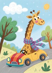 A cheerful friendly giraffe in a scarf on his neck rides a cute car against the backdrop of nature. Illustration for children's activity books, entertainment, greeting cards.