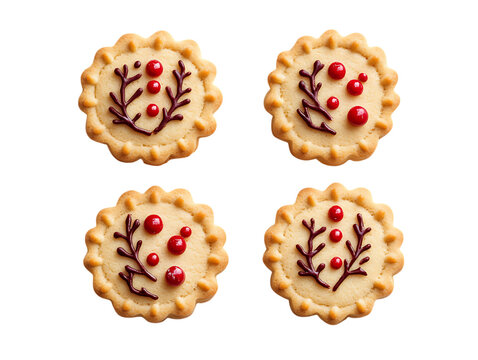 Four festive christmas cookies decorated with chocolate branches and red berries isolated on transparent background - Powered by Adobe