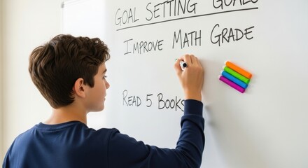 Caucasian male teen writing academic goals on whiteboard in classroom setting