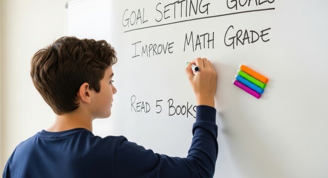 Caucasian male teen writing academic goals on whiteboard in classroom setting