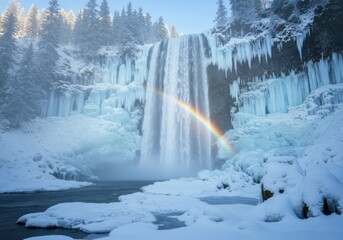 Frozen waterfall with rainbow, winter wonderland