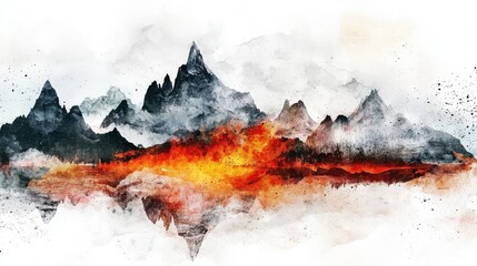 Abstract digital artwork of jagged mountains with fiery red and orange lava flowing beneath, blending sharp peaks and reflections in a surreal, textured style.