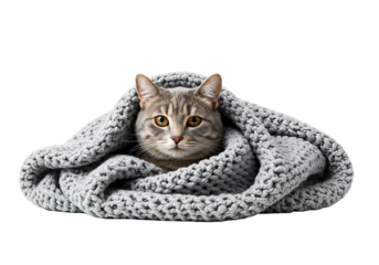 A gray tabby cat sits wrapped in a chunky gray knit scarf against a black background
