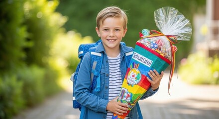 Caucasian young male celebrates first day of school with colorful schultüte